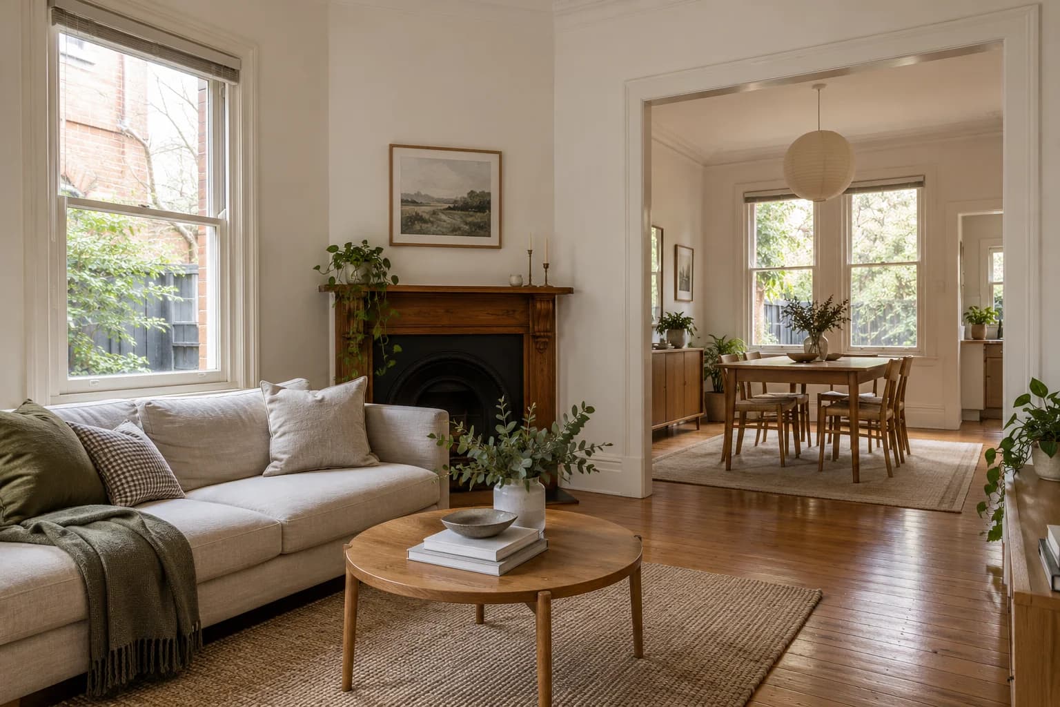Connected living and dining rooms with timber floors and natural window light