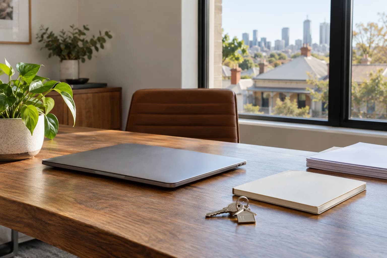 A laptop, notebook and house keys on an office desk