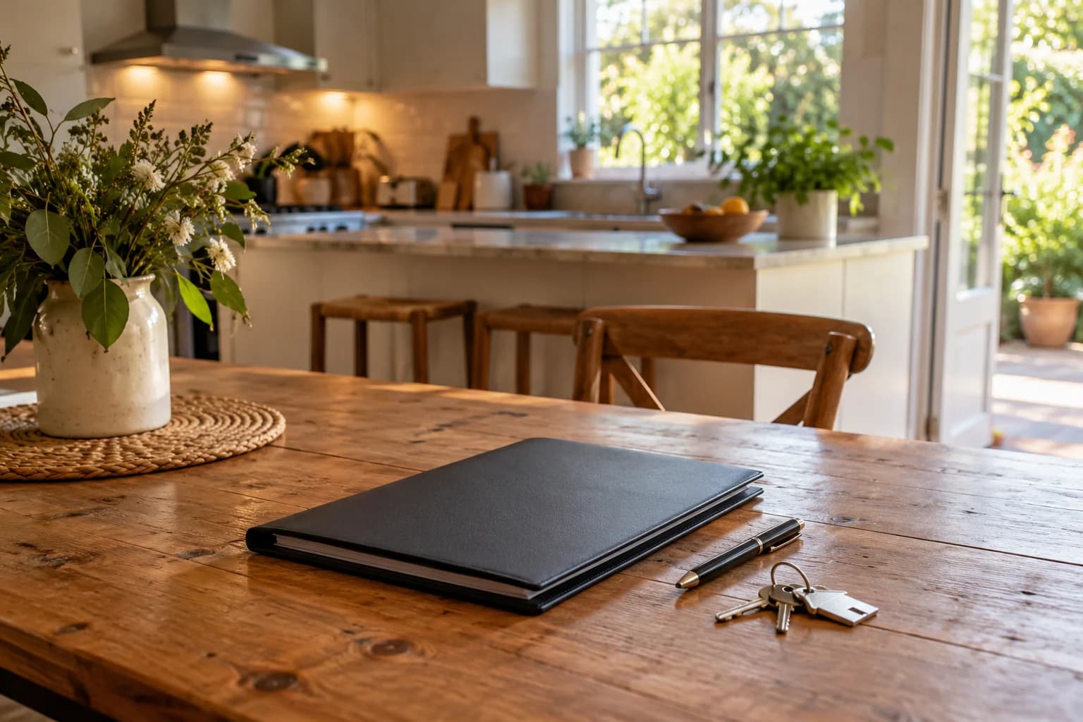 A document folder, pen and house keys on a kitchen table