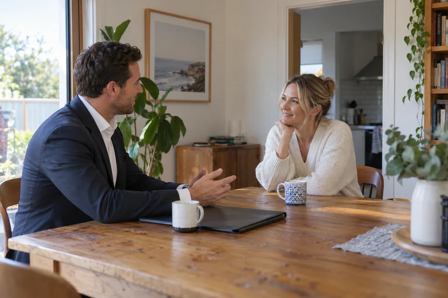 An agent and homeowner talking at a dining table
