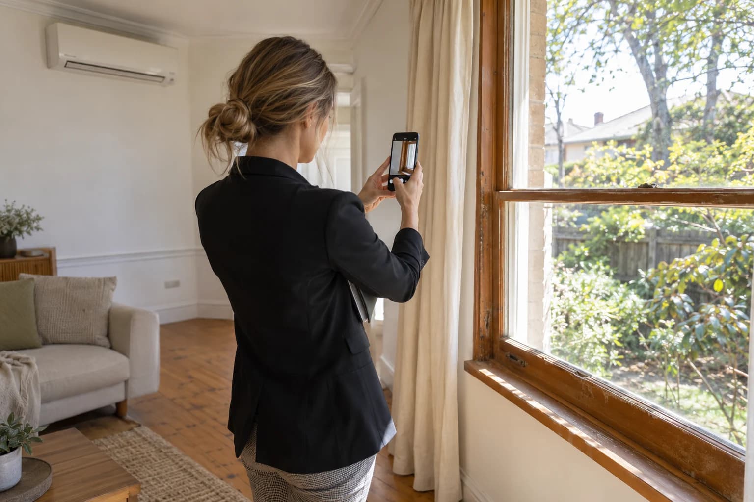 A property manager photographing a window during a rental condition inspection